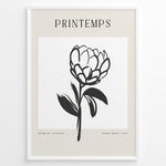 Load image into Gallery viewer, Framed minimalist “Printemps” poster featuring black line art of a blooming flower on a white and beige background.
