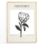 Load image into Gallery viewer, Framed minimalist “Printemps” poster featuring black line art of a blooming flower on a white and beige background.
