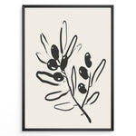 Load image into Gallery viewer, Framed minimalist poster featuring black olive branch line art with leaves and olives on a light beige background.
