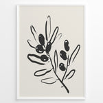 Load image into Gallery viewer, Framed minimalist poster featuring black olive branch line art with leaves and olives on a light beige background.
