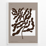 Load image into Gallery viewer, Minimalist abstract brown leaf wall art print in black frame on beige background.
