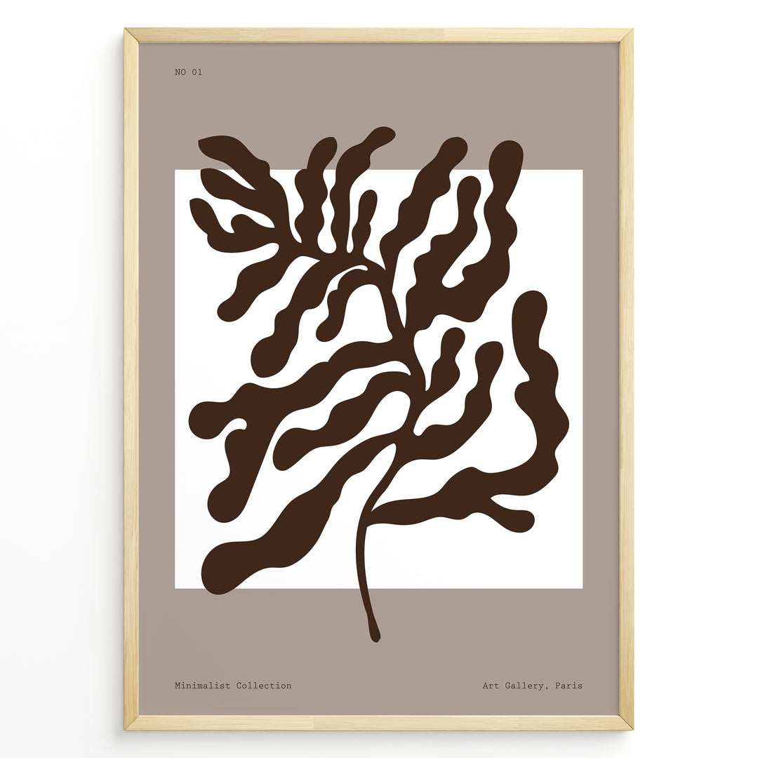 Minimalist abstract brown leaf wall art print in black frame on beige background.