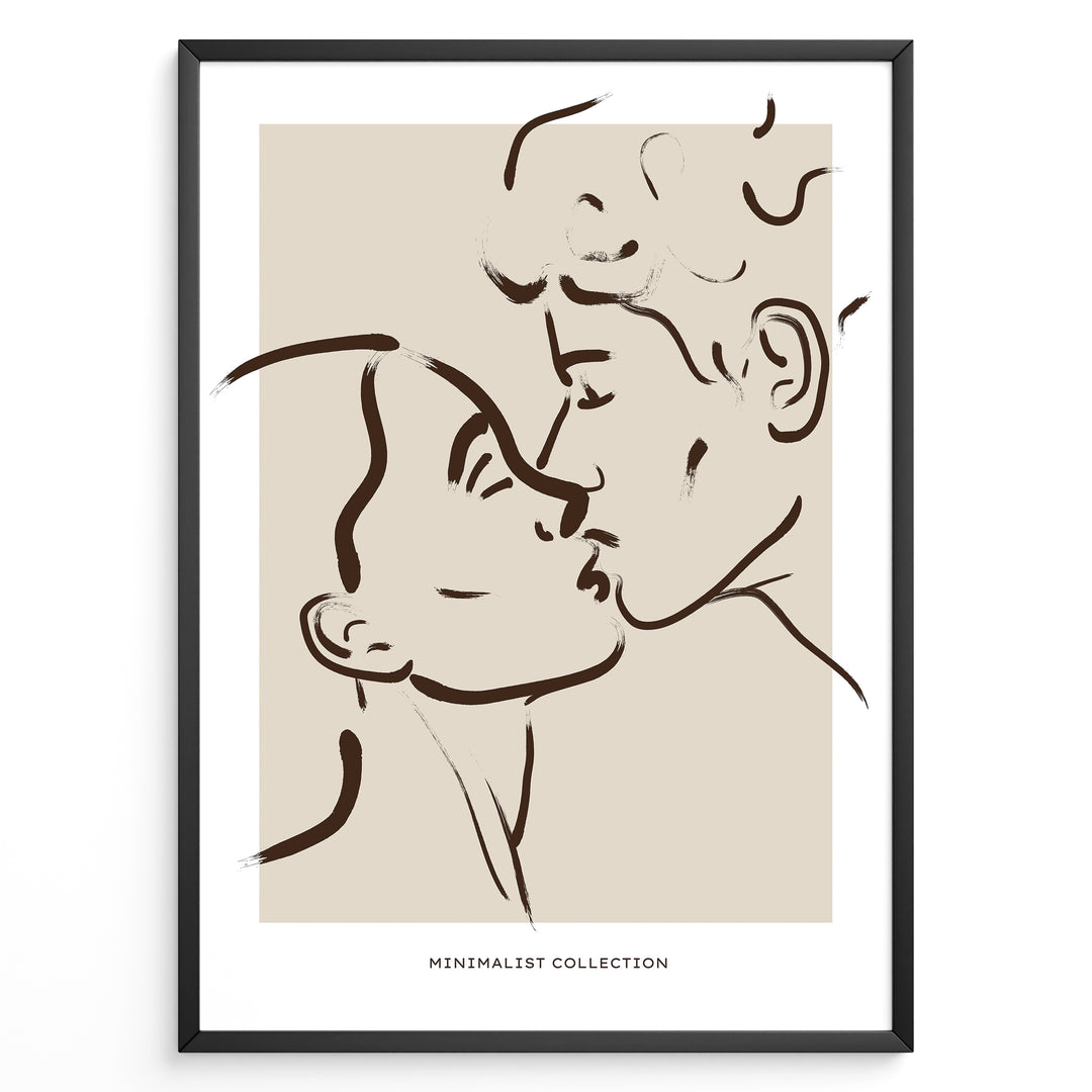 Minimalist line art of a couple kissing in a modern black frame on beige background.