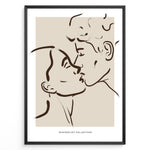 Load image into Gallery viewer, Minimalist line art of a couple kissing in a modern black frame on beige background.
