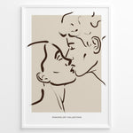 Load image into Gallery viewer, Minimalist line art of a couple kissing in a modern black frame on beige background.
