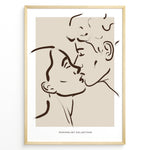 Load image into Gallery viewer, Minimalist line art of a couple kissing in a modern black frame on beige background.
