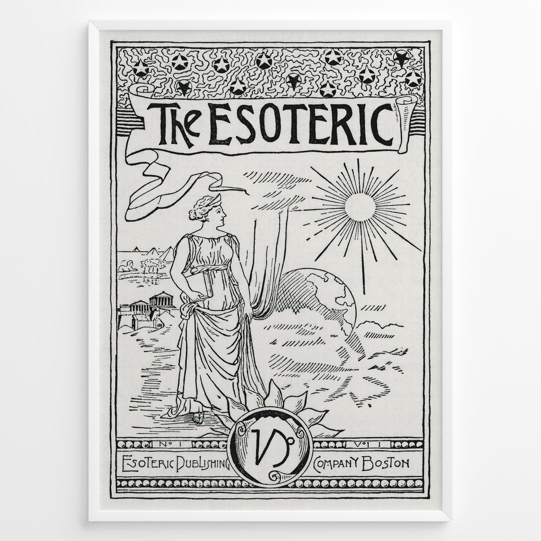 Vintage black and white esoteric art print featuring a woman, sun, and globe in a black frame.