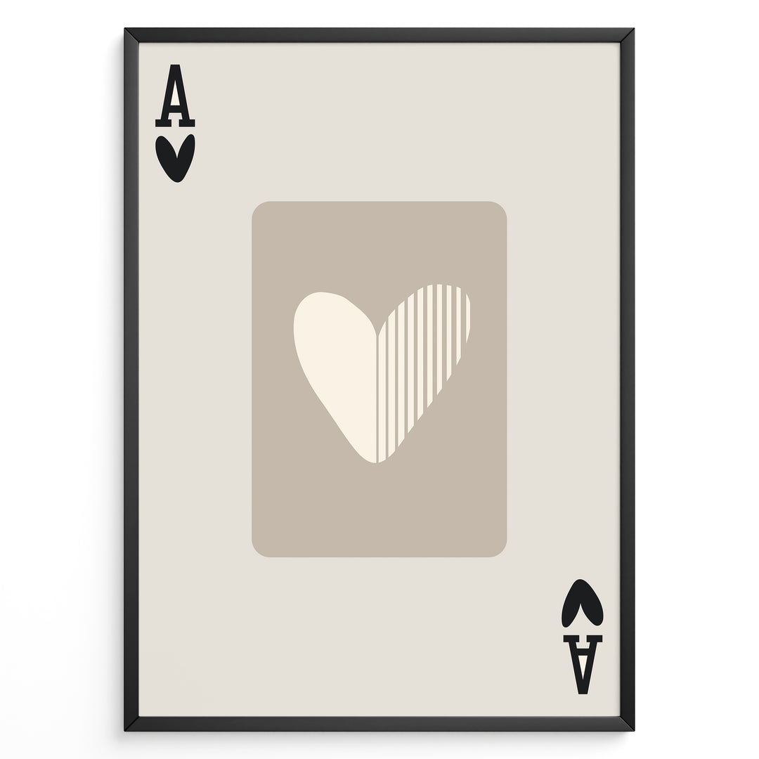 Framed minimalist Ace of Hearts poster with a beige background and abstract heart design in neutral cream and taupe tones.