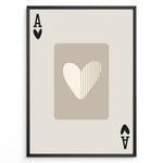 Load image into Gallery viewer, Framed minimalist Ace of Hearts poster with a beige background and abstract heart design in neutral cream and taupe tones.
