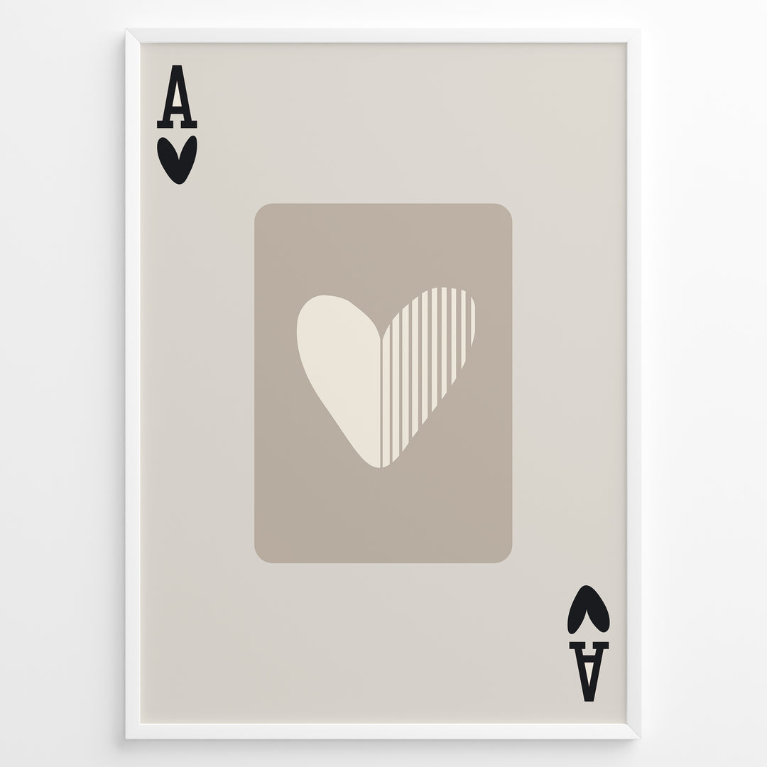 Framed minimalist Ace of Hearts poster with a beige background and abstract heart design in neutral cream and taupe tones.