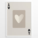 Load image into Gallery viewer, Framed minimalist Ace of Hearts poster with a beige background and abstract heart design in neutral cream and taupe tones.
