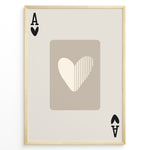 Load image into Gallery viewer, Framed minimalist Ace of Hearts poster with a beige background and abstract heart design in neutral cream and taupe tones.
