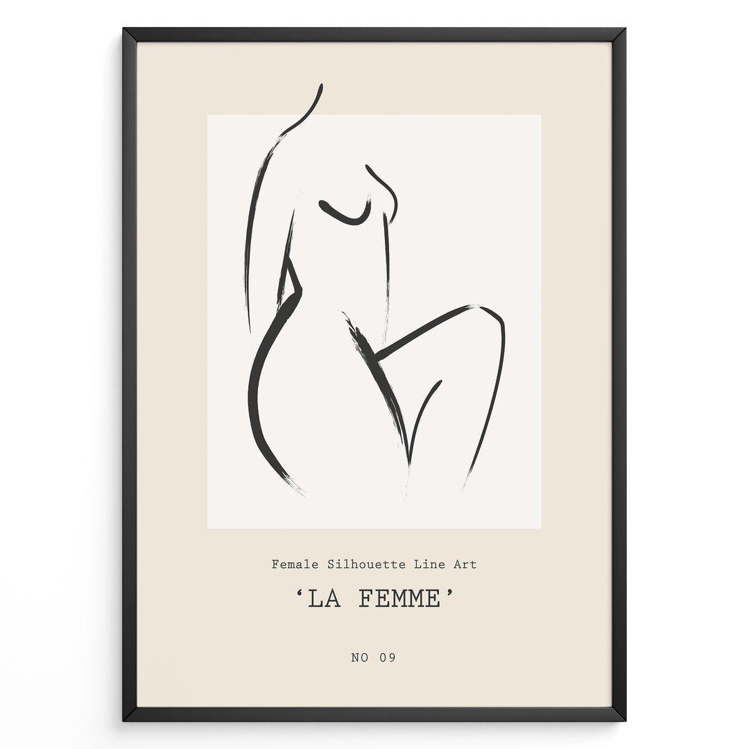 Framed La Femme poster featuring minimalist female silhouette line art in black on a beige background with modern typography.