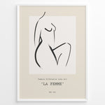 Load image into Gallery viewer, Framed La Femme poster featuring minimalist female silhouette line art in black on a beige background with modern typography.
