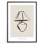 Load image into Gallery viewer, Framed minimalist poster featuring a hand-drawn lamp line art illustration in brown on a beige background from the Line Art Collection.
