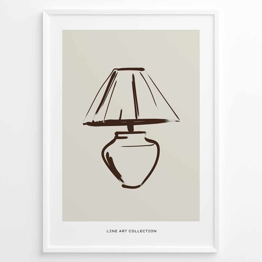 Framed minimalist poster featuring a hand-drawn lamp line art illustration in brown on a beige background from the Line Art Collection.