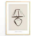 Load image into Gallery viewer, Framed minimalist poster featuring a hand-drawn lamp line art illustration in brown on a beige background from the Line Art Collection.
