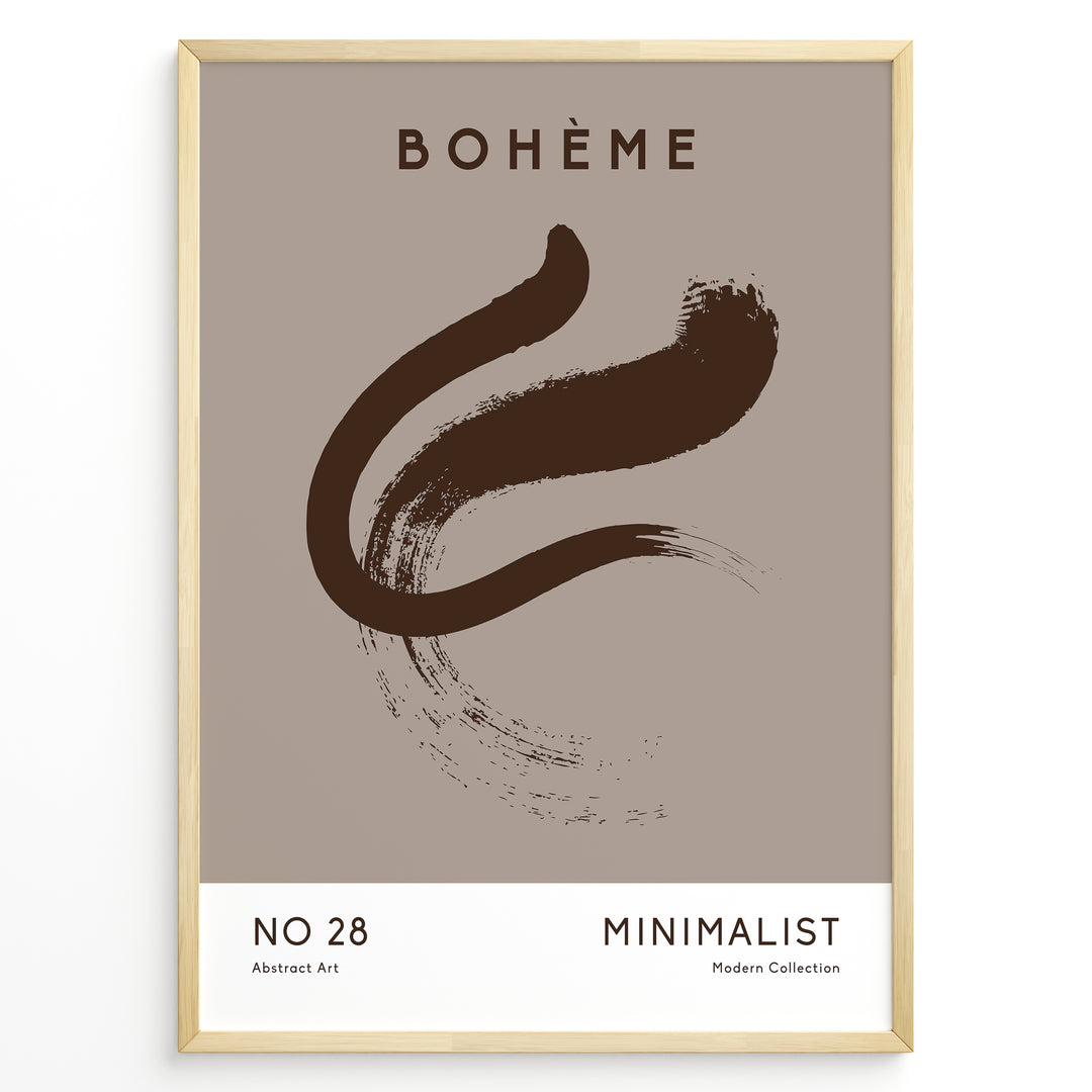 Framed Bohème minimalist poster featuring a brown abstract brushstroke design on a taupe background with modern typography.