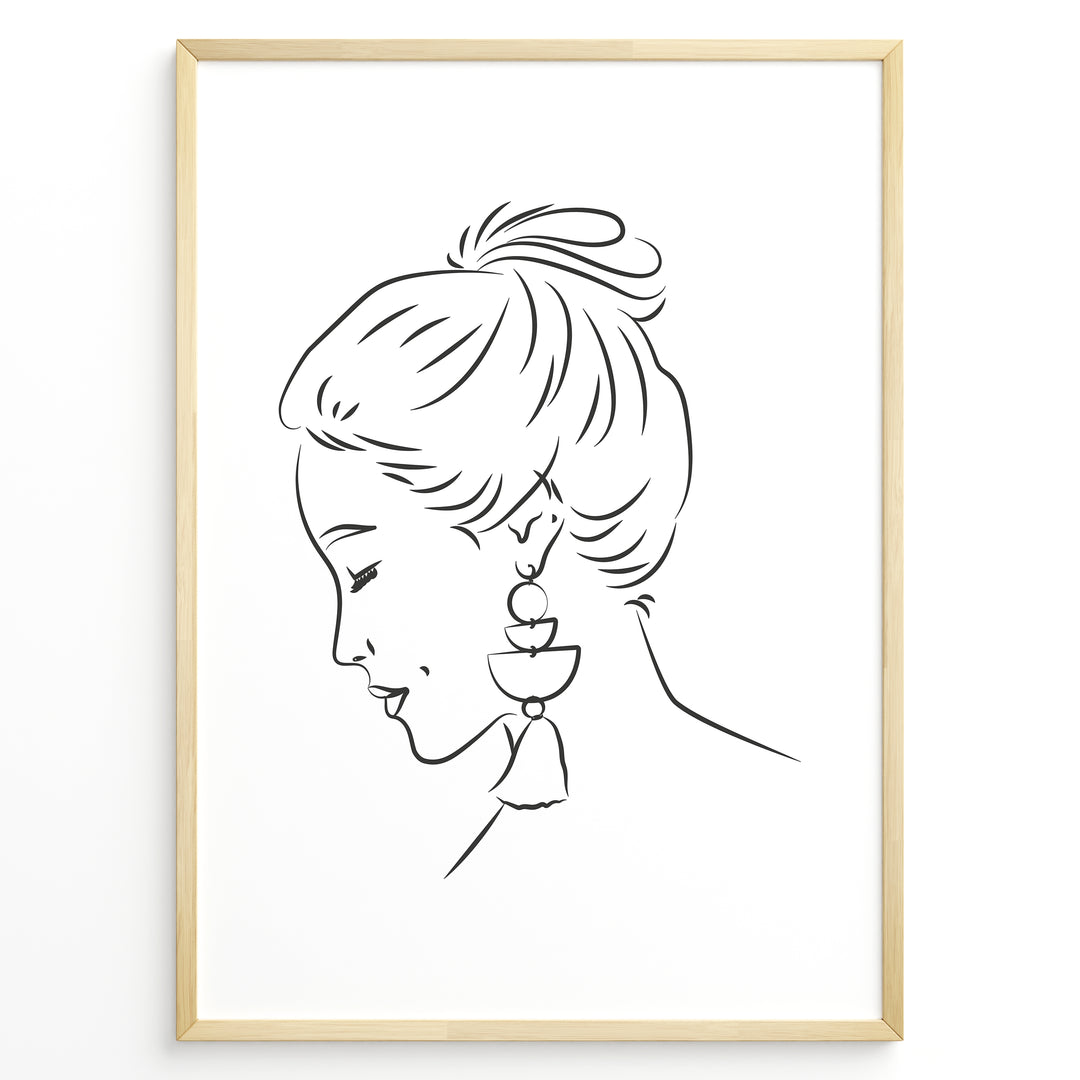 Minimalist black and white line art portrait of a woman with tassel earrings in a modern frame