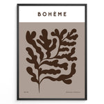 Load image into Gallery viewer, Framed Bohème poster featuring abstract brown botanical leaf design on a taupe background with minimalist typography.
