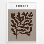 Load image into Gallery viewer, Framed Bohème poster featuring abstract brown botanical leaf design on a taupe background with minimalist typography.
