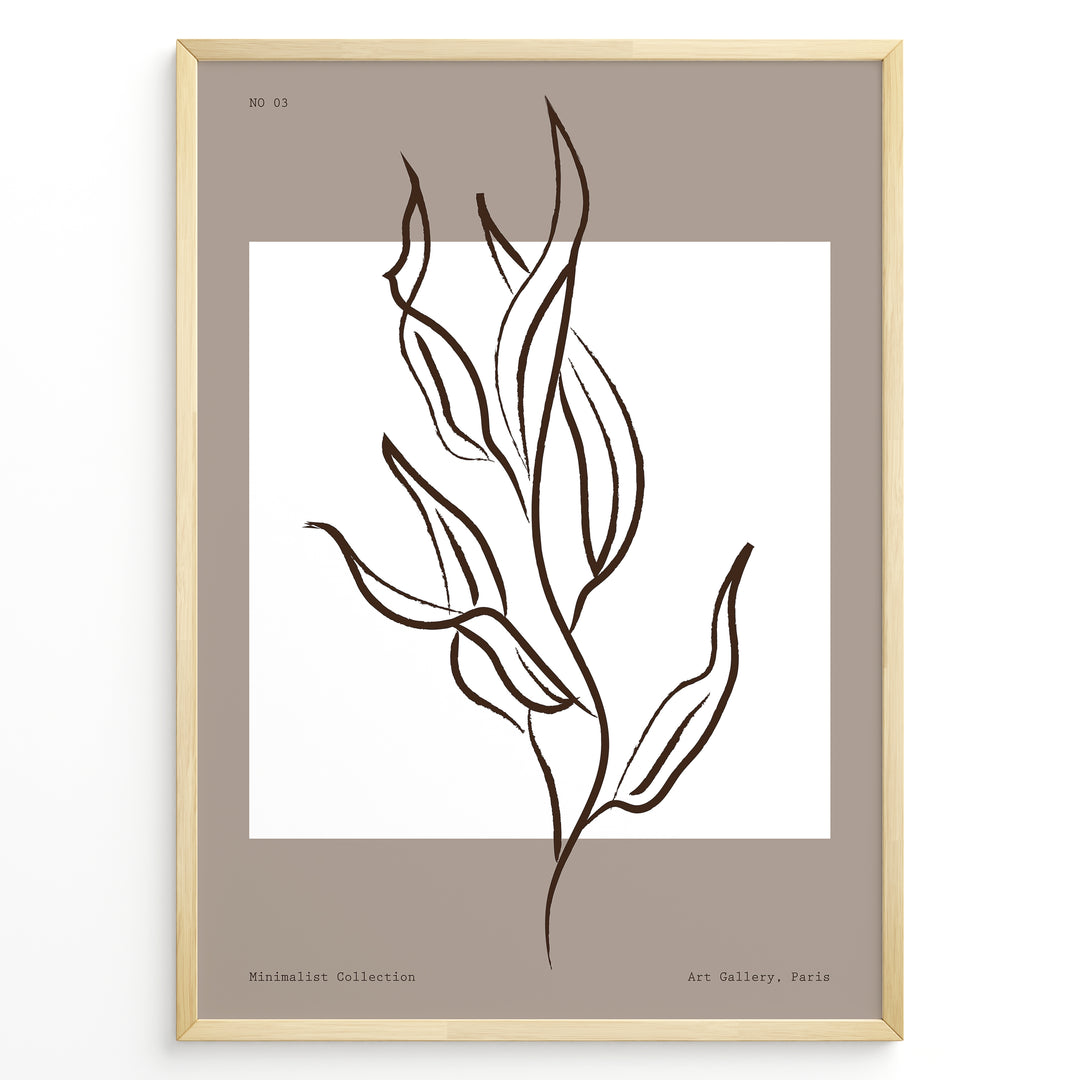 Framed minimalist botanical line art poster featuring abstract brown leaf illustration on taupe and white background.
