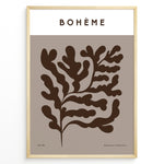Load image into Gallery viewer, Framed Bohème poster featuring abstract brown botanical leaf design on a taupe background with minimalist typography.
