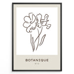 Load image into Gallery viewer, Framed Botanique poster featuring minimalist floral line art of two flowers on a white and beige background.
