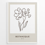 Load image into Gallery viewer, Framed Botanique poster featuring minimalist floral line art of two flowers on a white and beige background.
