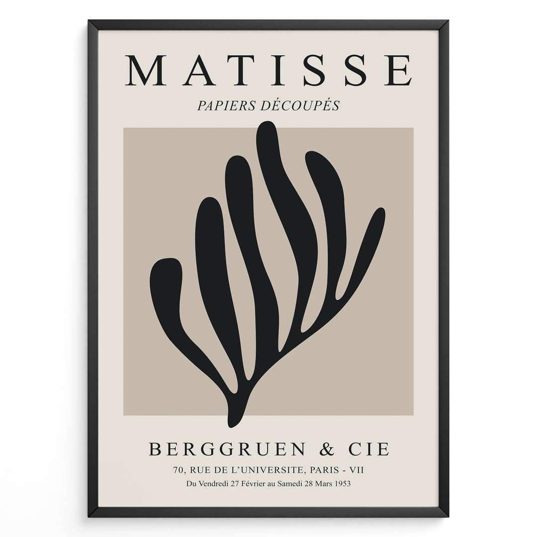 Framed Matisse Papiers Découpés poster featuring black abstract botanical shapes on a beige background with Berggruen & Cie text.