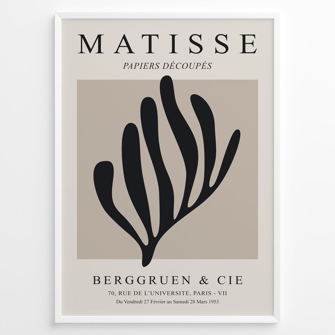 Framed Matisse Papiers Découpés poster featuring black abstract botanical shapes on a beige background with Berggruen & Cie text.