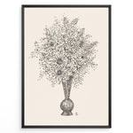 Load image into Gallery viewer, Framed vintage-style poster featuring a black line art sketch of flowers in a vase on a beige background.
