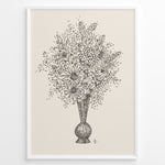 Load image into Gallery viewer, Framed vintage-style poster featuring a black line art sketch of flowers in a vase on a beige background.
