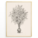 Load image into Gallery viewer, Framed vintage-style poster featuring a black line art sketch of flowers in a vase on a beige background.
