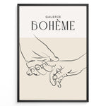 Load image into Gallery viewer, Framed Galerie Bohème poster featuring minimalist black line art of two hands holding each other on a beige and white background.
