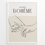 Load image into Gallery viewer, Framed Galerie Bohème poster featuring minimalist black line art of two hands holding each other on a beige and white background.
