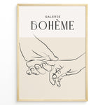 Load image into Gallery viewer, Framed Galerie Bohème poster featuring minimalist black line art of two hands holding each other on a beige and white background.
