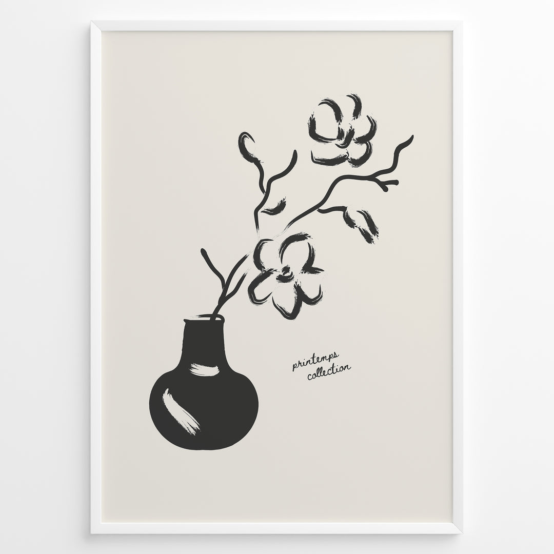Minimalist black and white floral vase wall art print with brushstroke flowers in a modern frame.