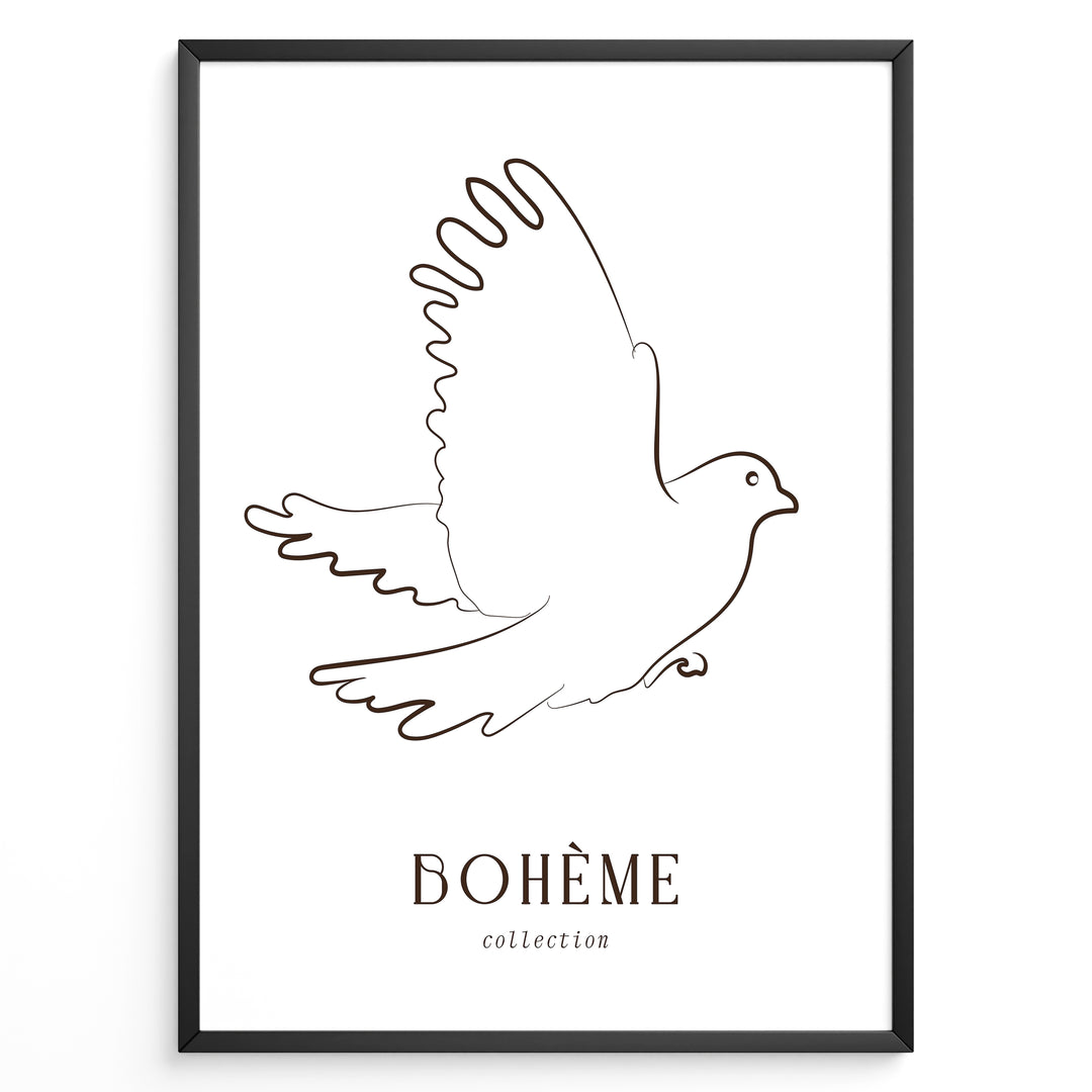 Framed Bohème collection poster featuring minimalist brown line art of a flying dove on a white background.
