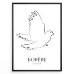 Load image into Gallery viewer, Framed Bohème collection poster featuring minimalist brown line art of a flying dove on a white background.
