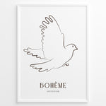 Load image into Gallery viewer, Framed Bohème collection poster featuring minimalist brown line art of a flying dove on a white background.
