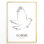 Load image into Gallery viewer, Framed Bohème collection poster featuring minimalist brown line art of a flying dove on a white background.
