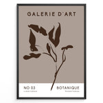 Load image into Gallery viewer, Framed Galerie D’Art Botanique poster featuring minimalist brown botanical line art on a taupe background with white text area.

