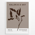 Load image into Gallery viewer, Framed Galerie D’Art Botanique poster featuring minimalist brown botanical line art on a taupe background with white text area.
