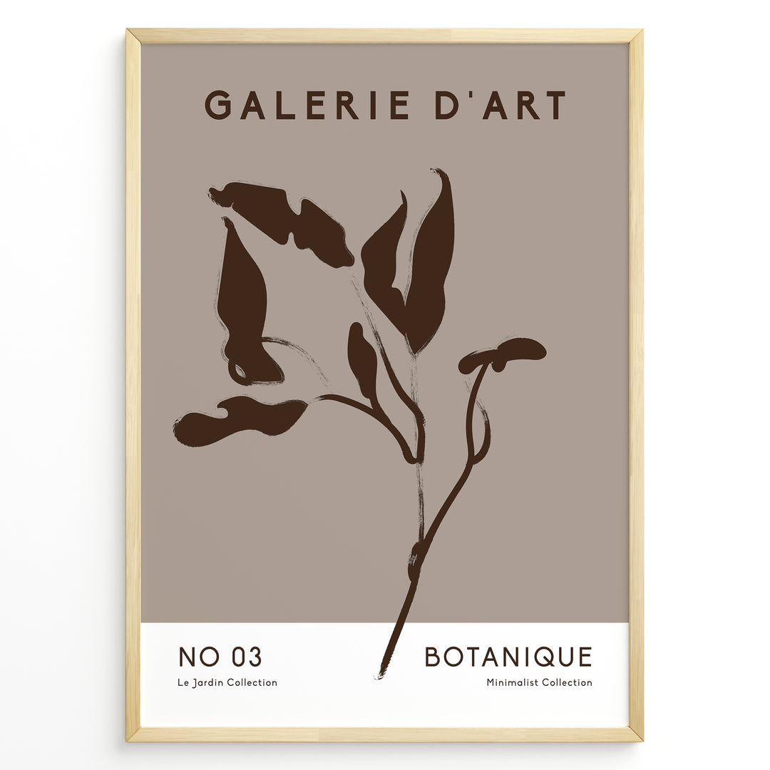 Framed Galerie D’Art Botanique poster featuring minimalist brown botanical line art on a taupe background with white text area.