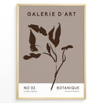 Load image into Gallery viewer, Framed Galerie D’Art Botanique poster featuring minimalist brown botanical line art on a taupe background with white text area.
