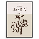 Load image into Gallery viewer, Framed Galerie Jardin poster featuring minimalist brown floral line art of blooming flowers on a beige and cream two-tone background.
