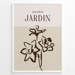 Load image into Gallery viewer, Framed Galerie Jardin poster featuring minimalist brown floral line art of blooming flowers on a beige and cream two-tone background.
