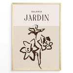 Load image into Gallery viewer, Framed Galerie Jardin poster featuring minimalist brown floral line art of blooming flowers on a beige and cream two-tone background.
