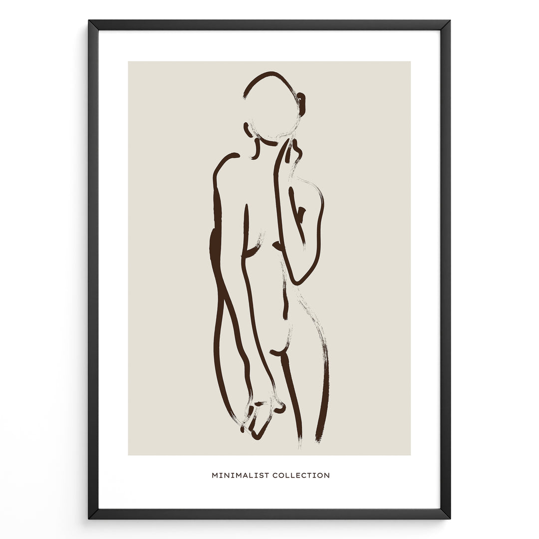 Framed minimalist poster featuring abstract brown line art of a female silhouette on a beige background with “Minimalist Collection” text.